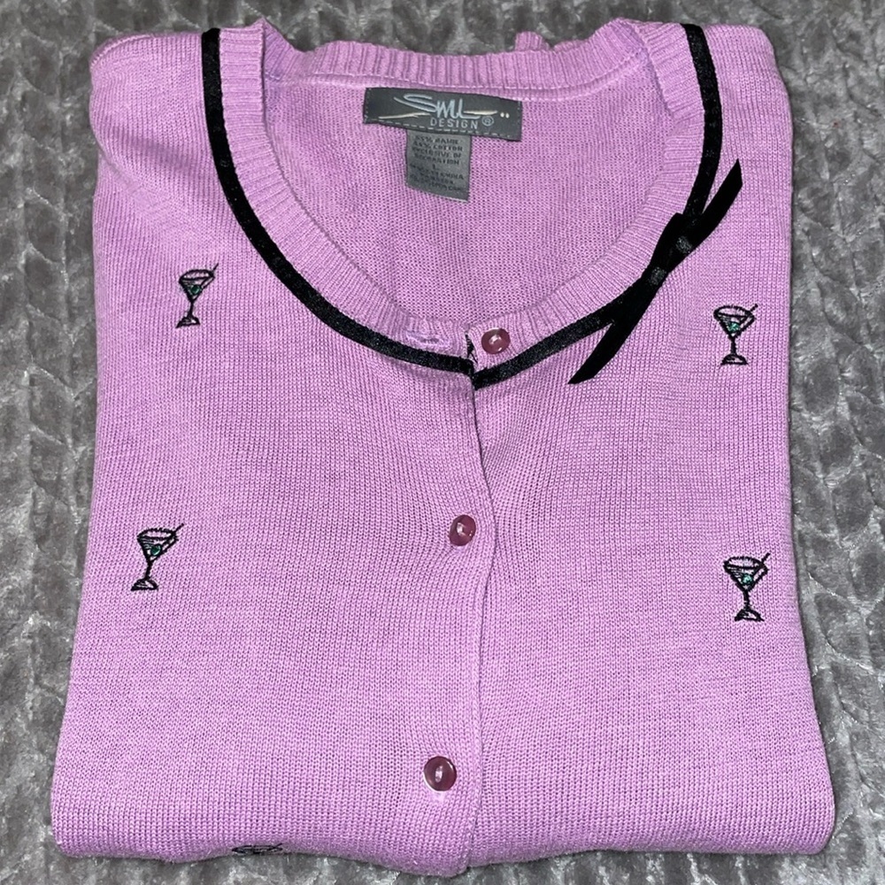 SML Design 3/4 Sleeve Button Down Sweater with Martini Glass Embroidered Design.
